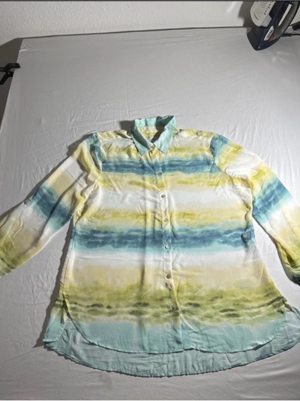 Chico's Yellow & Teal Watercolor Stripe Button-Up Blouse